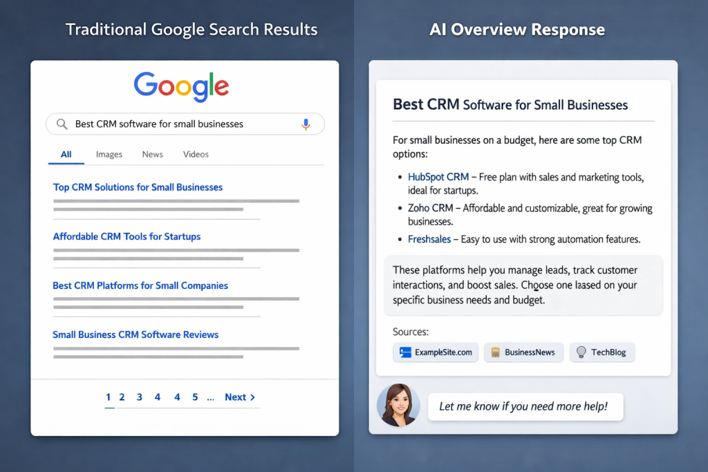  Side-by-side visual comparing a traditional Google SERP with a list of blue links vs. an AI Overview or ChatGPT-style answer response