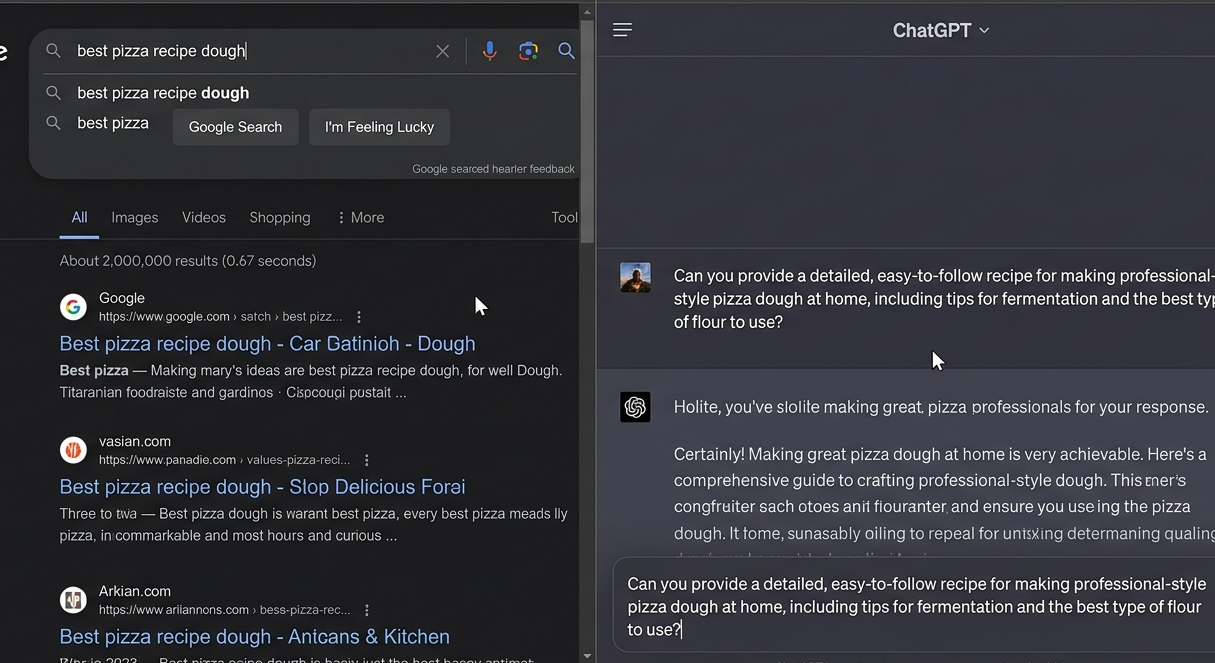 Side-by-side screenshot of a keyword entered into Google vs a conversational prompt entered into ChatGPT
