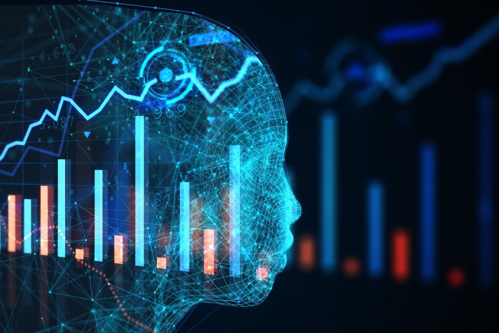 Wireframe Head with Data Graphs.