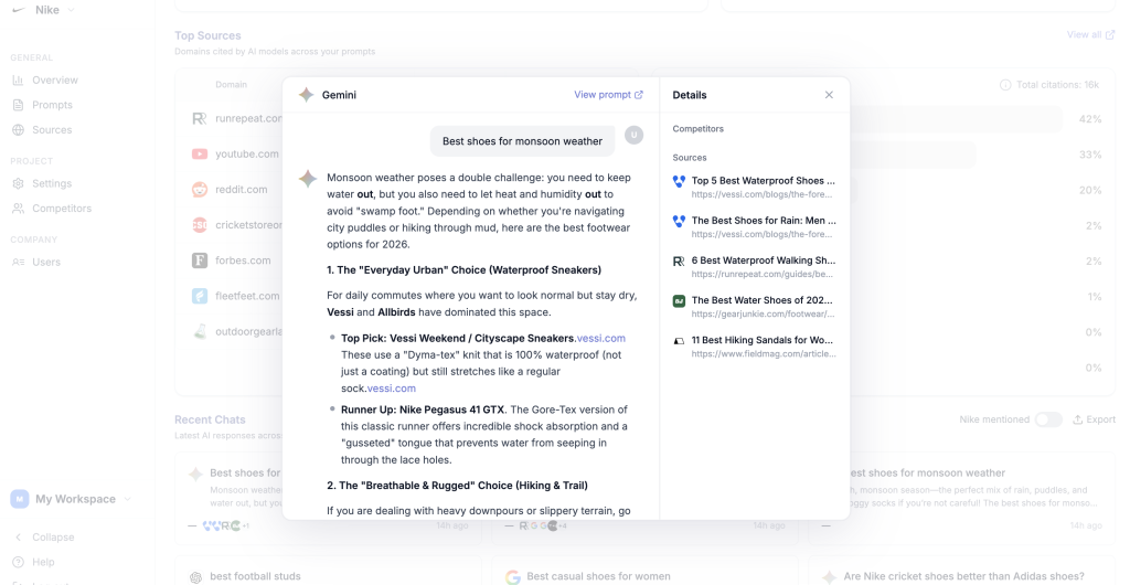 Cite AI's recent chats feature of Nike AI visibility. 