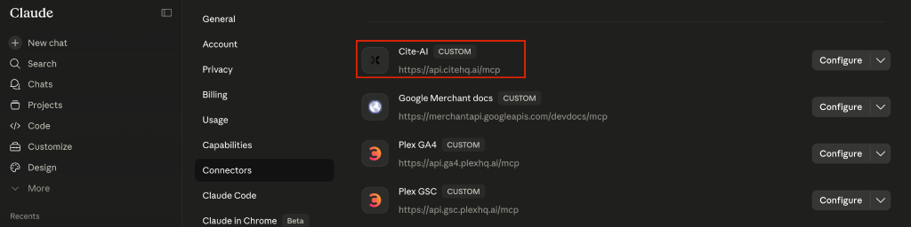 Cite AI MCP integration on Claude.